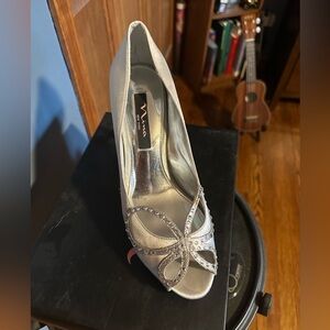 Nina Silver Rhinestone Peep-Toe Heels